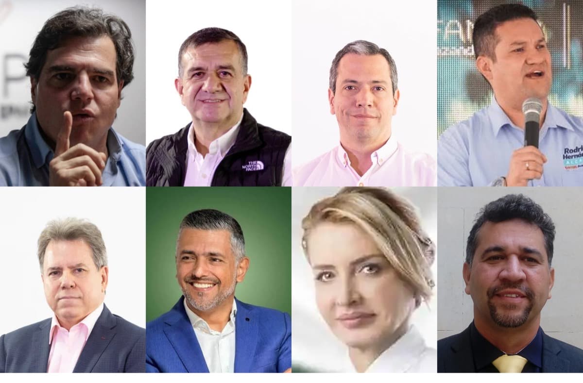 Retratos de los ocho aspirantes que se mueven hoy por la Gobernación de Antioquia para 2027.