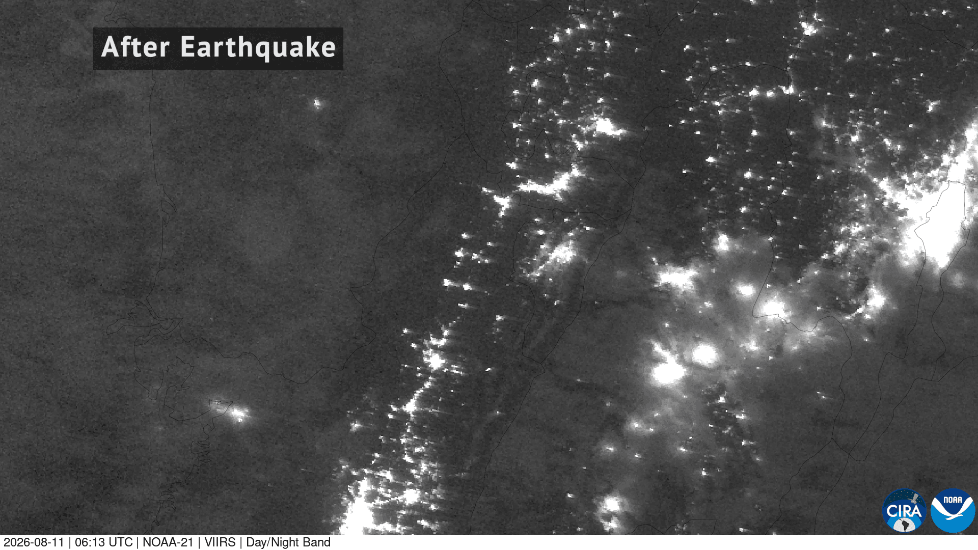Fotografía de archivo con imagen satelital de los cortes de energía en Colombia occidental tras el terremoto del 10 de agosto de 2026; contexto del evento, no muestra daños puntuales de esta nota