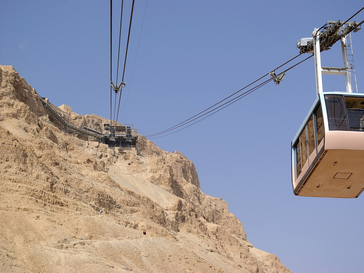 Photo of the aereal Ropeway leading to Masada in Israel .