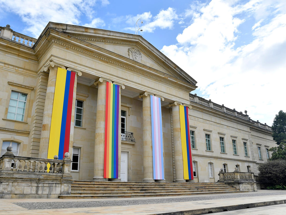 Casa de Nariño with LGBTIQ flags. Government House of Colombia.