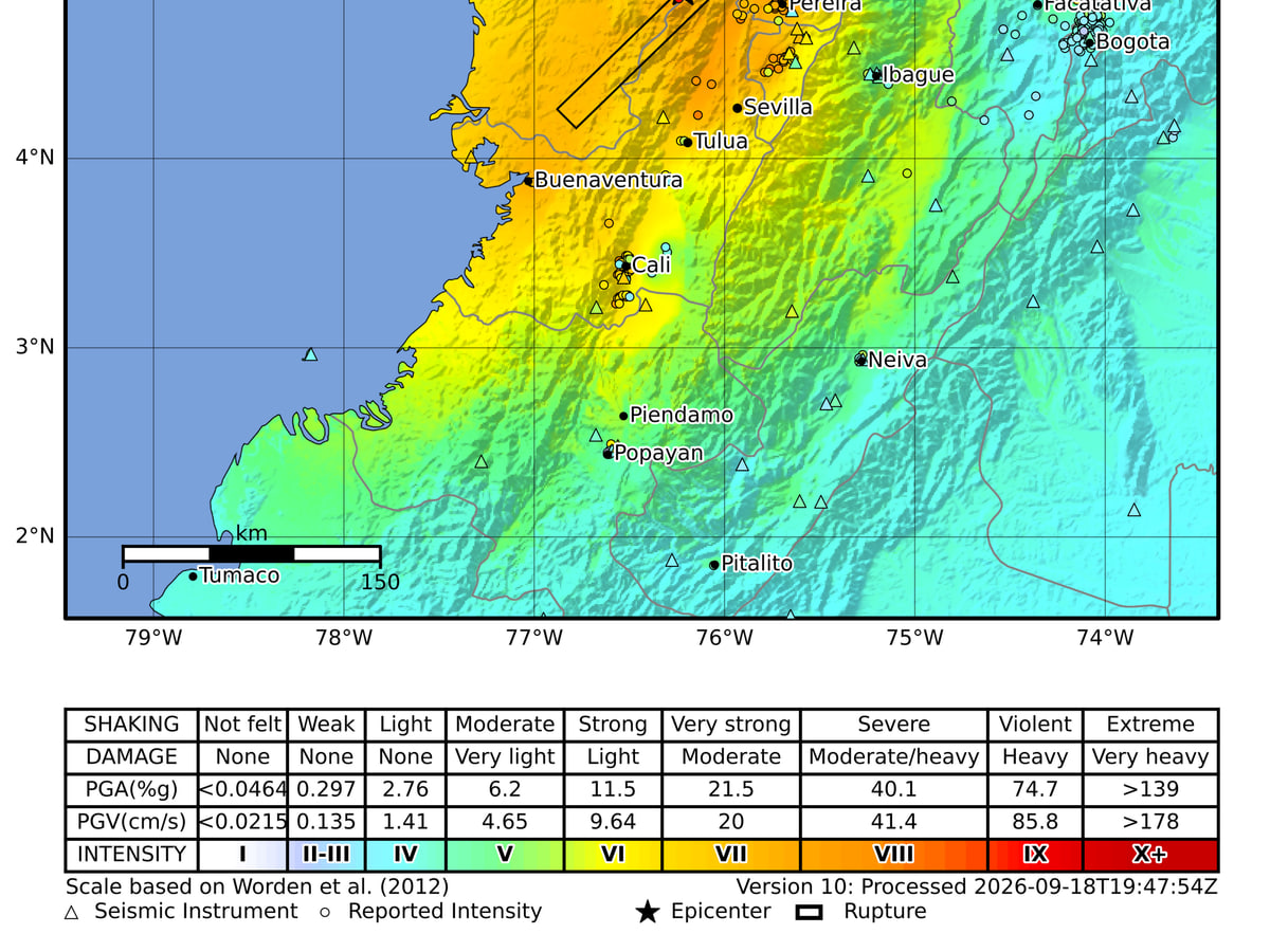 The USGS ShakeMap showing intensities of the earthquake.